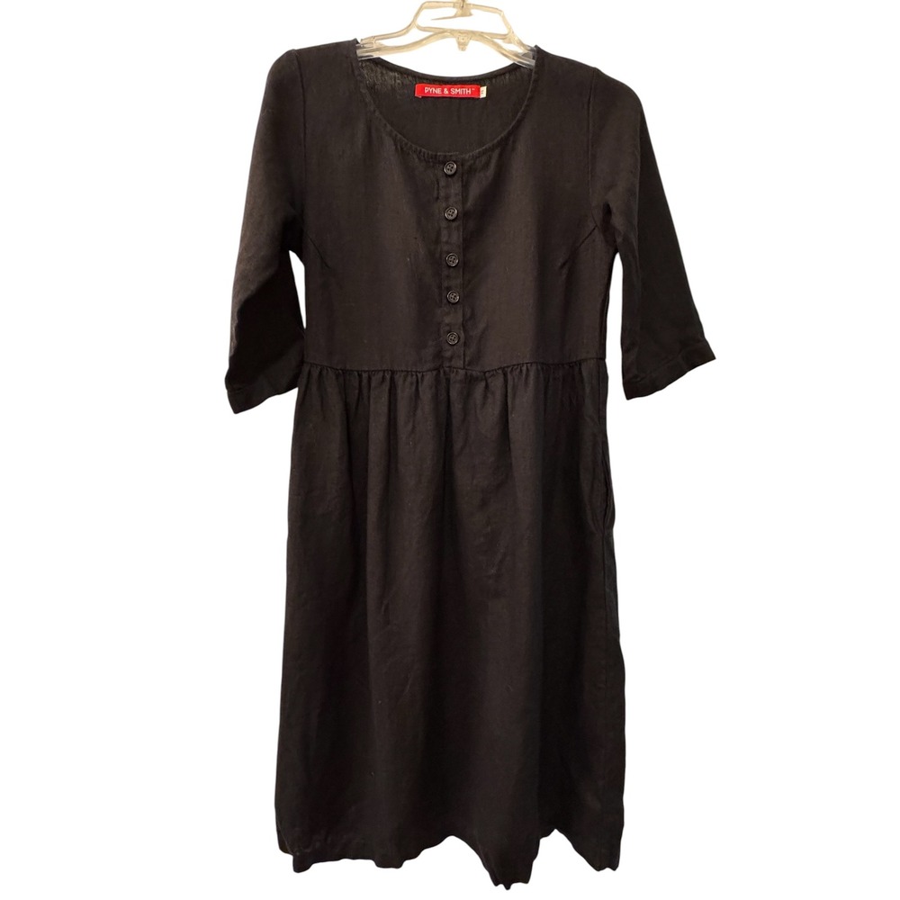 Pyne & Smith Black Linen Midi Dress 3/4 Sleeve Button Front Back Tie XS